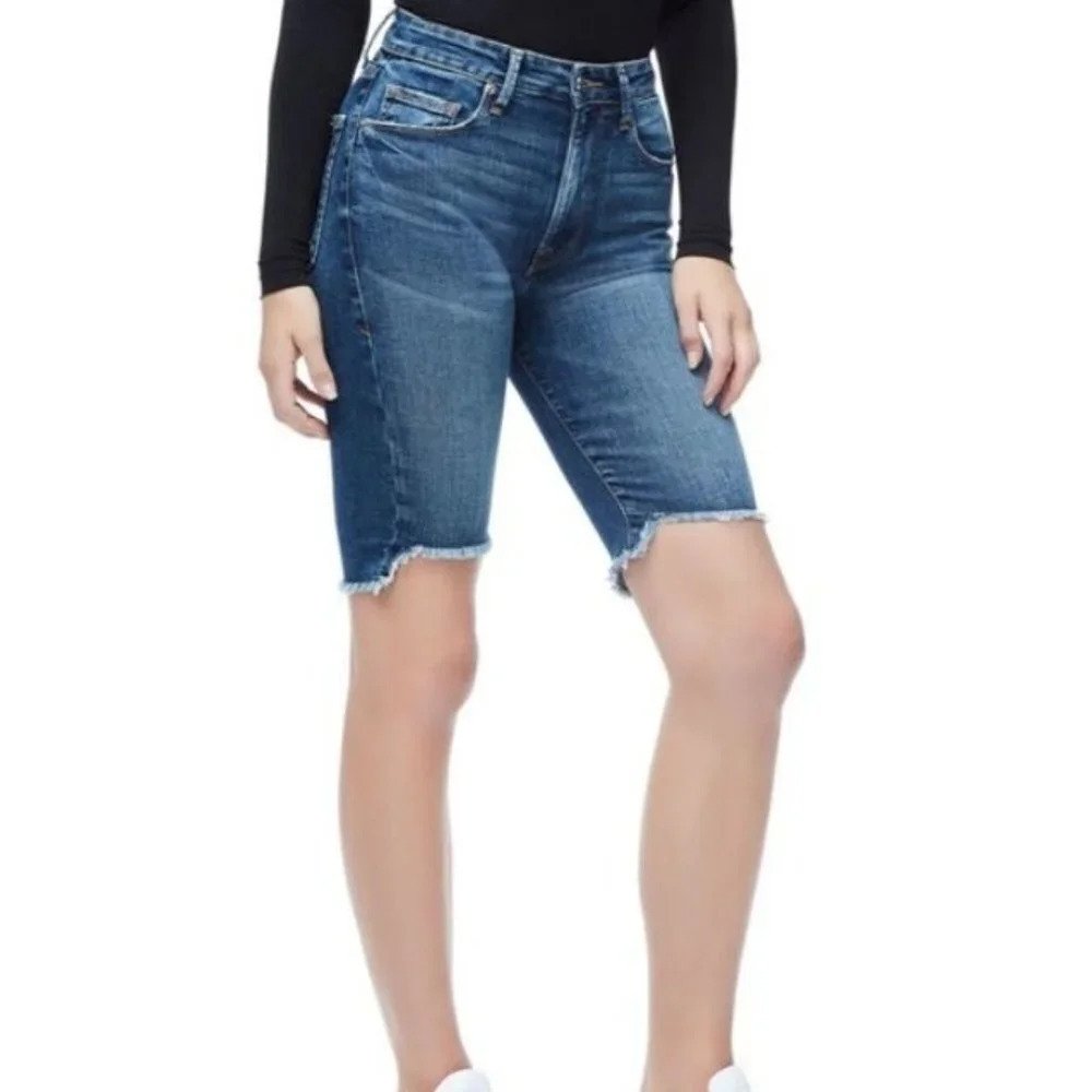 Good American The Stagger Bermuda Distressed Jean Shorts- size 24